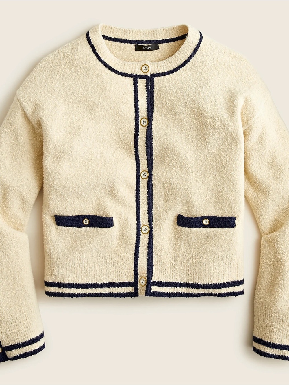 J.Crew Cotton Bouclé Cardigan Sweater Small Ivory Navy Trim Lady Jacket